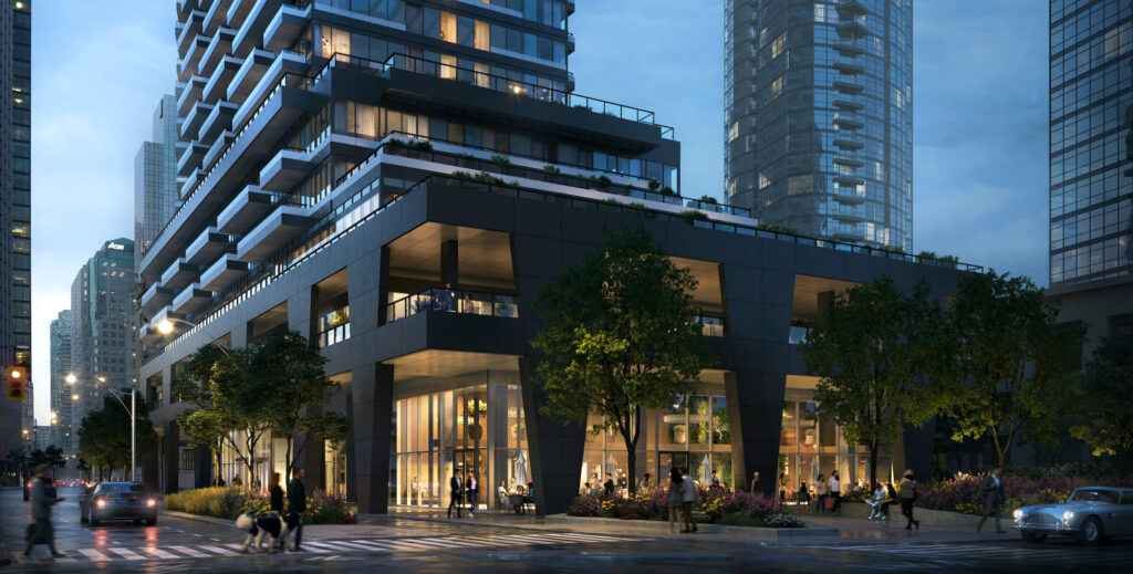 Rendering of Q Tower exterior entrance at dusk