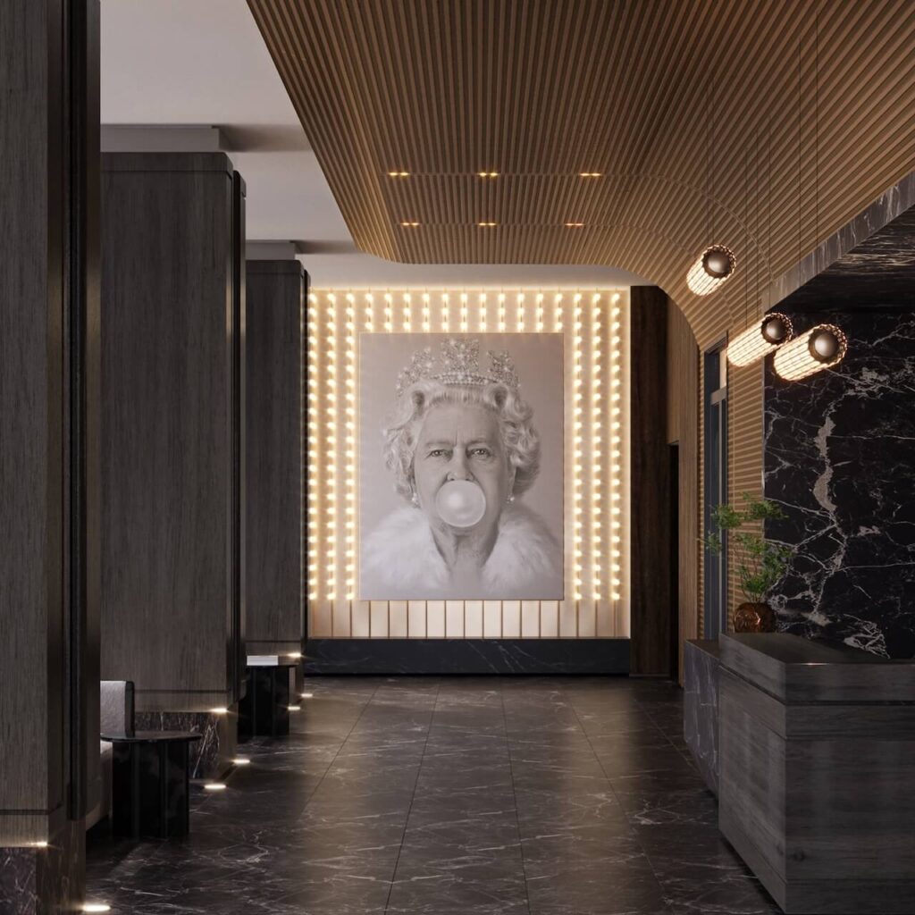 Q Tower Condos lobby rendering with Michael Moebius artwork of Queen Elizabeth II